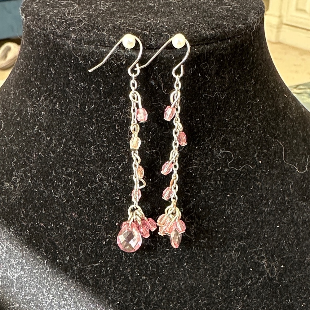 Elegant Silver & Pink Crystal Dangle Earrings
